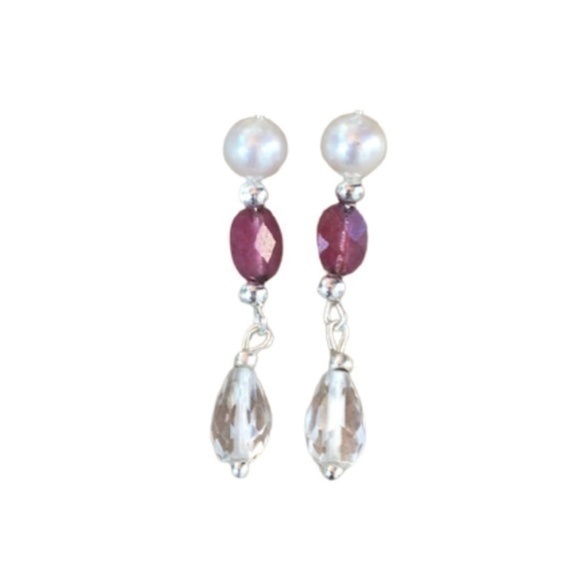 Real pearl Ruby Stone Sterling Silver Genuine pearls SS 925 earrings - Picture 10 of 16